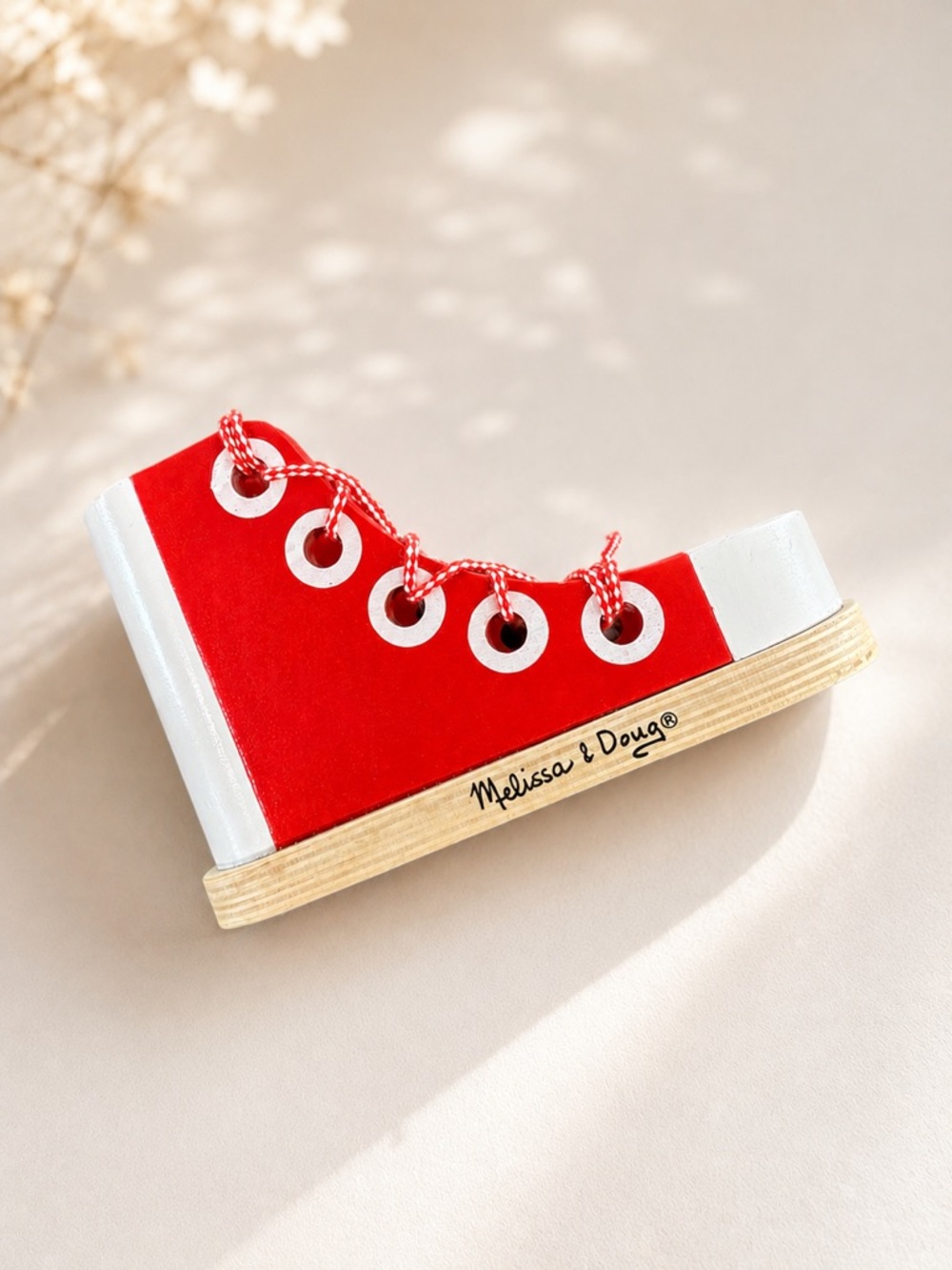 Melissa & Doug Wooden Lacing Shoe Toy Red Sneaker Fine Motor Preschool Toy